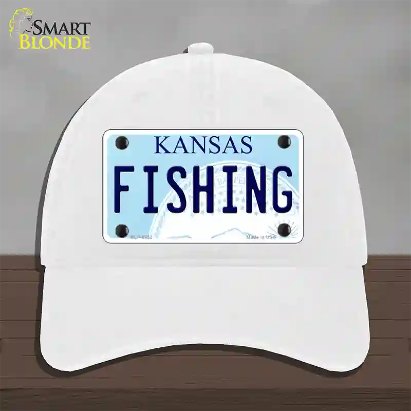 Fishing Kansas Novelty License Plate Hat Unconstructed Cotton / White