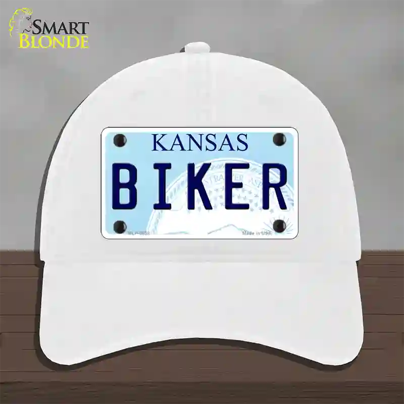 Biker Kansas Novelty License Plate Hat Unconstructed Cotton / White