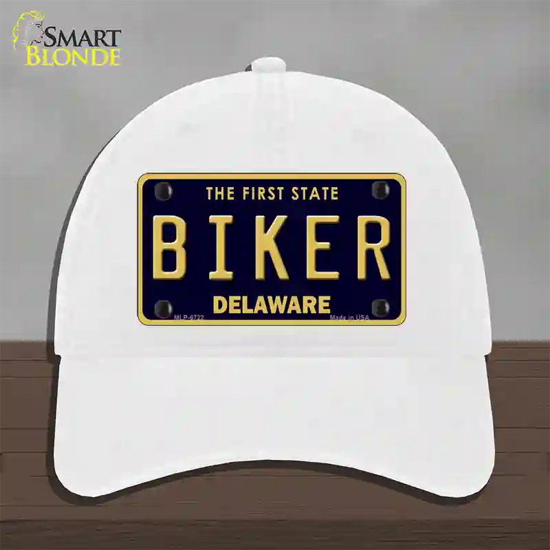 Biker Delaware Novelty License Plate Hat Unconstructed Cotton / White