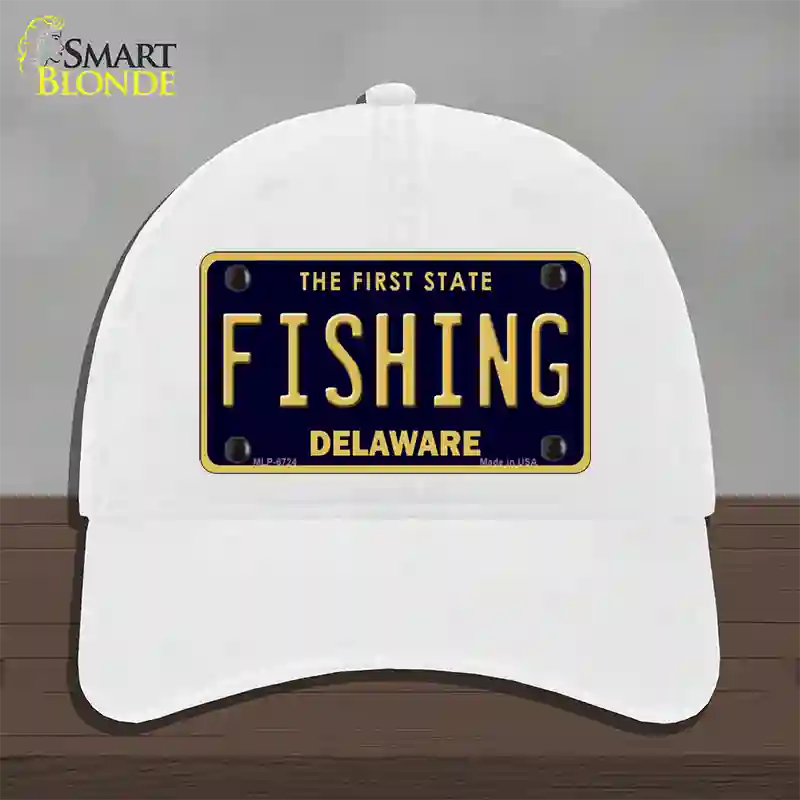 Fishing Delaware Novelty License Plate Hat Unconstructed Cotton / White