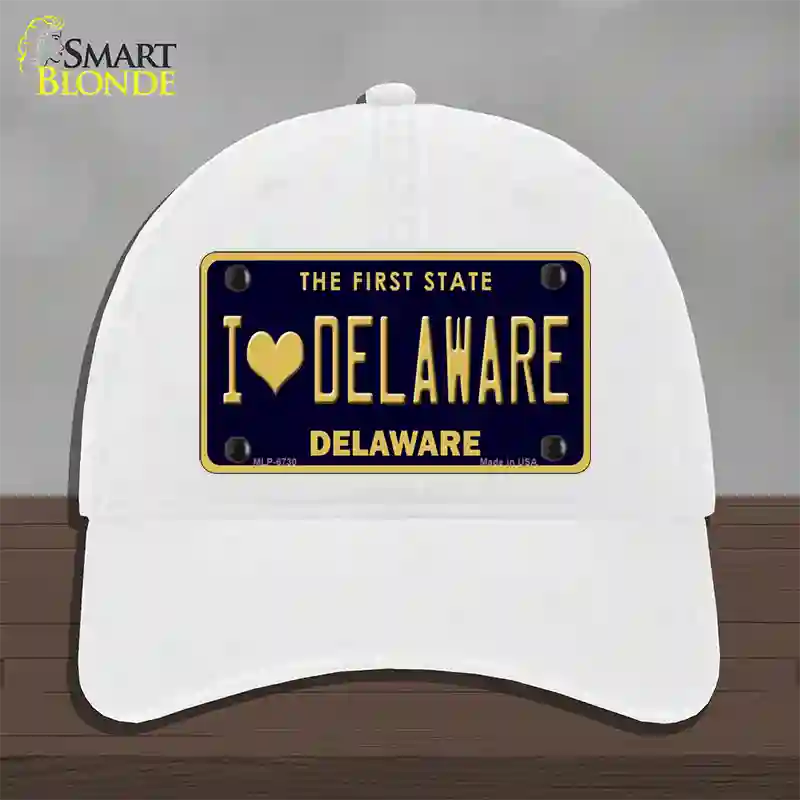 I Love Delaware Novelty License Plate Hat Unconstructed Cotton / White