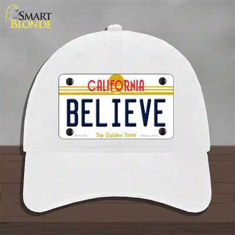 Believe California Novelty License Plate Hat Unconstructed Cotton / White