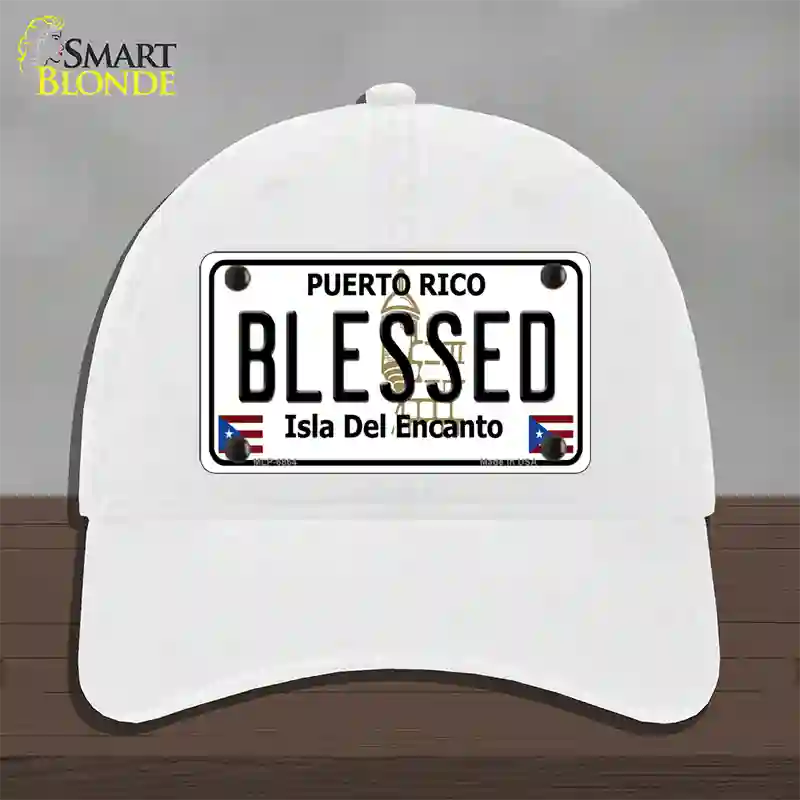 Blessed Puerto Rico Novelty License Plate Hat Unconstructed Cotton / White