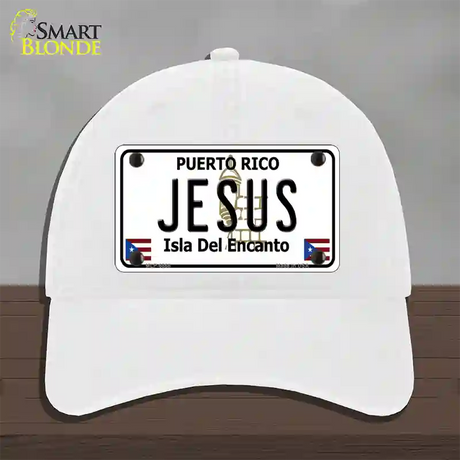 Jesus Puerto Rico Novelty License Plate Hat Unconstructed Cotton / White