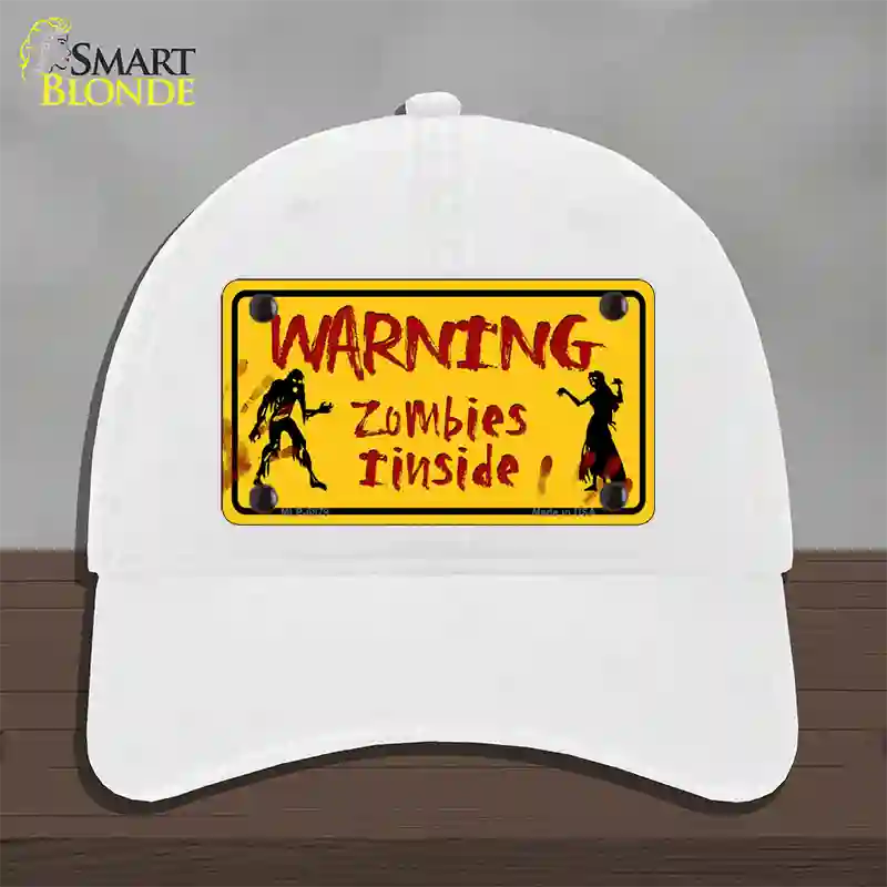 Warning Zombies Inside Novelty License Plate Hat Unconstructed Cotton / White