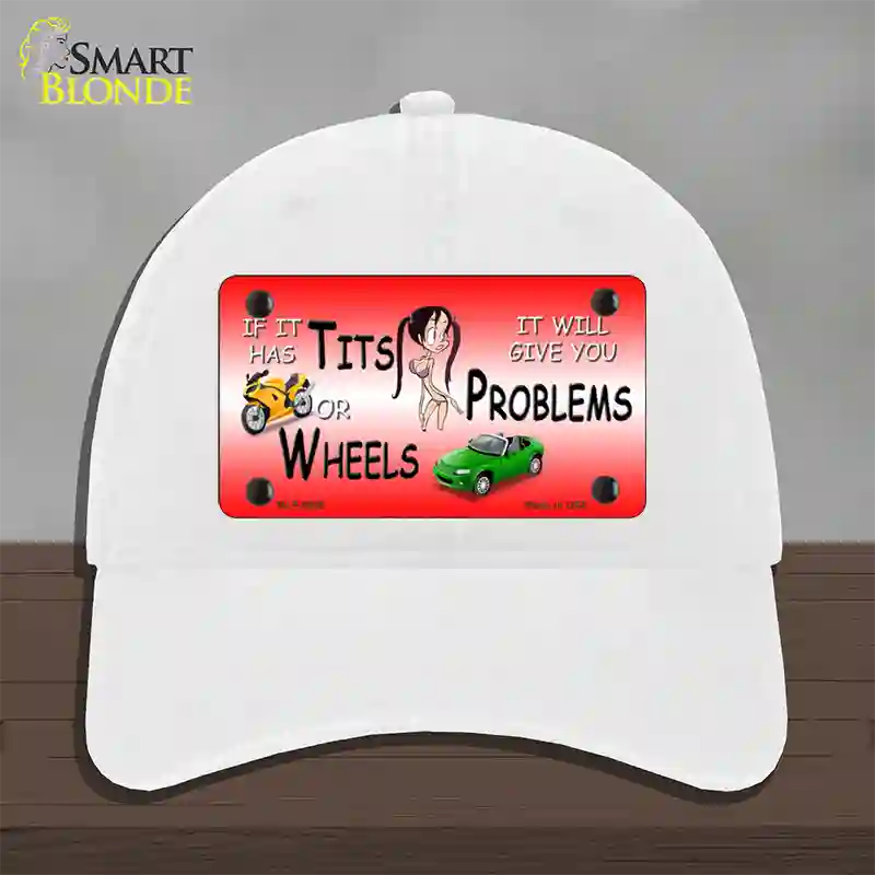 Tits Or Wheels Red Novelty License Plate Hat Unconstructed Cotton / White