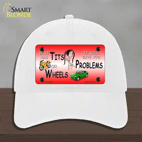 Tits Or Wheels Red Novelty License Plate Hat Unconstructed Cotton / White