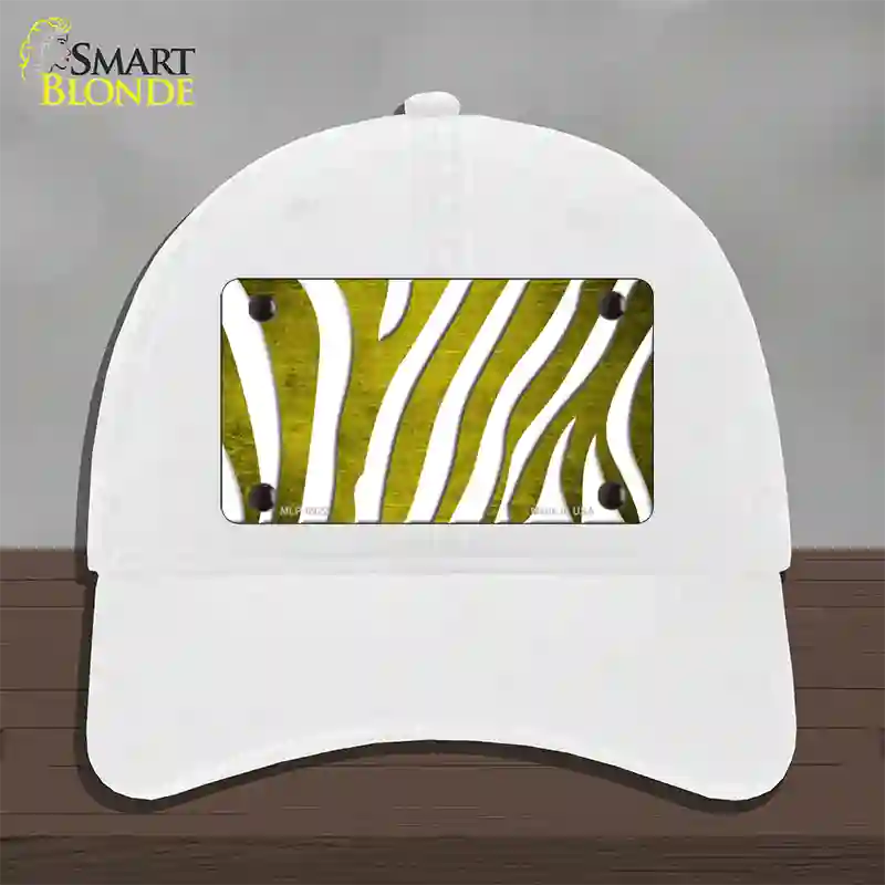 Yellow White Zebra Oil Rubbed Novelty License Plate Hat Unconstructed Cotton / White