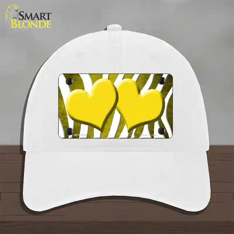 Yellow White Zebra Hearts Oil Rubbed Novelty License Plate Hat Unconstructed Cotton / White