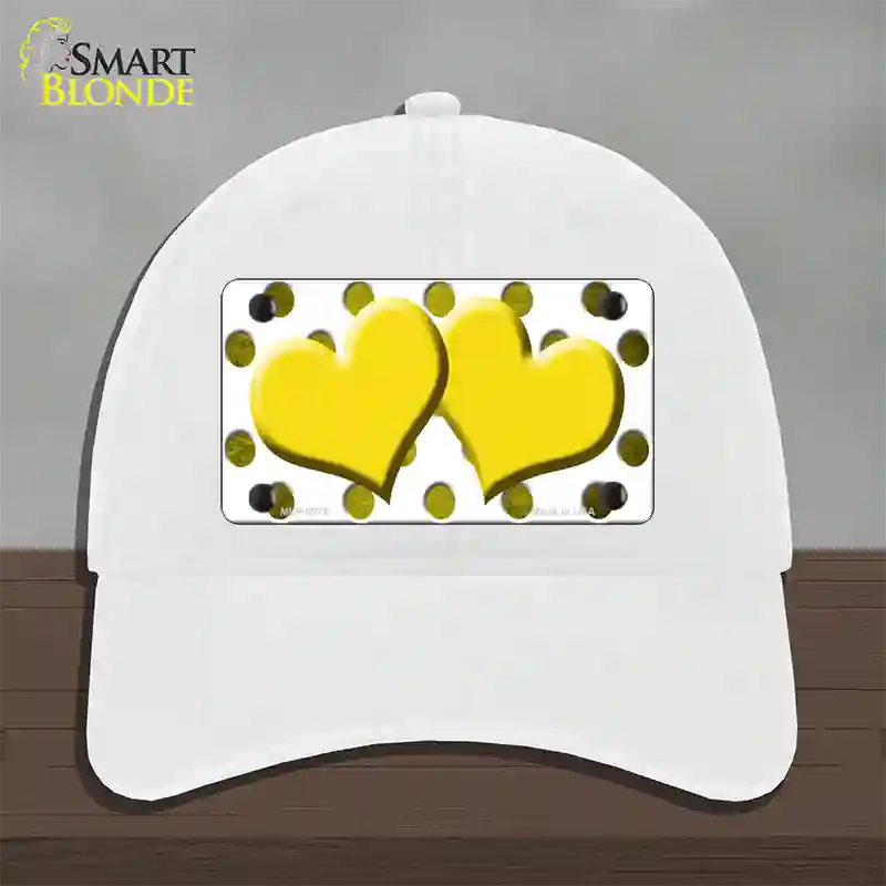 Yellow White Dots Hearts Oil Rubbed Novelty License Plate Hat Unconstructed Cotton / White