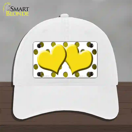 Yellow White Dots Hearts Oil Rubbed Novelty License Plate Hat Unconstructed Cotton / White