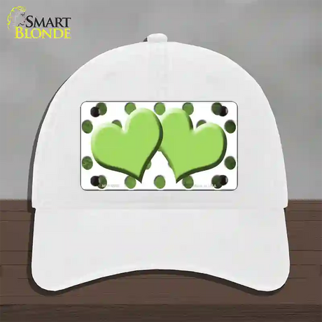 Lime Green White Dots Hearts Oil Rubbed Novelty License Plate Hat Unconstructed Cotton / White