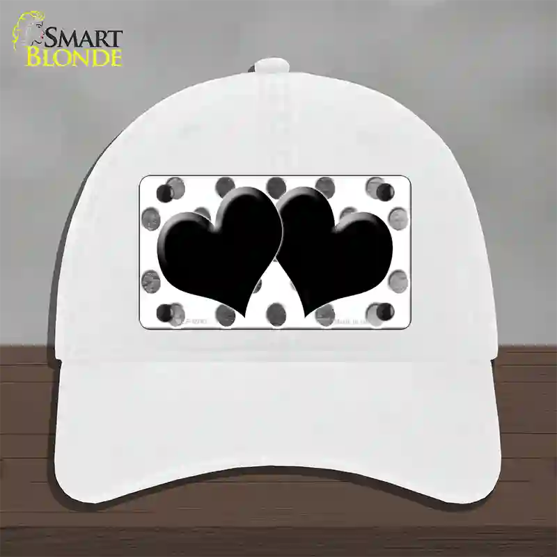 Black White Dots Hearts Oil Rubbed Novelty License Plate Hat Unconstructed Cotton / White