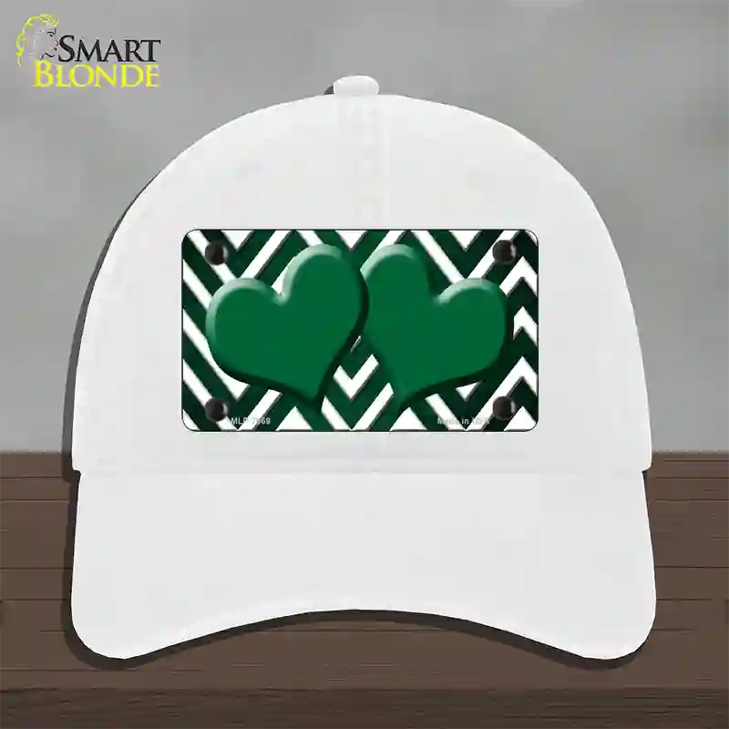 Green White Hearts Chevron Oil Rubbed Novelty License Plate Hat Unconstructed Cotton / White