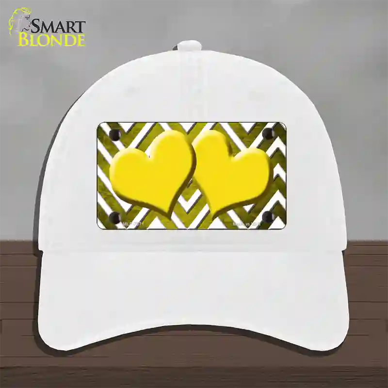 Yellow White Hearts Chevron Oil Rubbed Novelty License Plate Hat Unconstructed Cotton / White