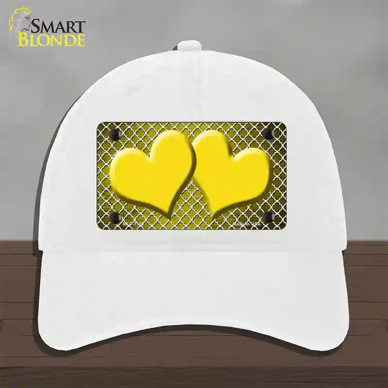 Yellow White Quatrefoil Hearts Oil Rubbed Novelty License Plate Hat Unconstructed Cotton / White