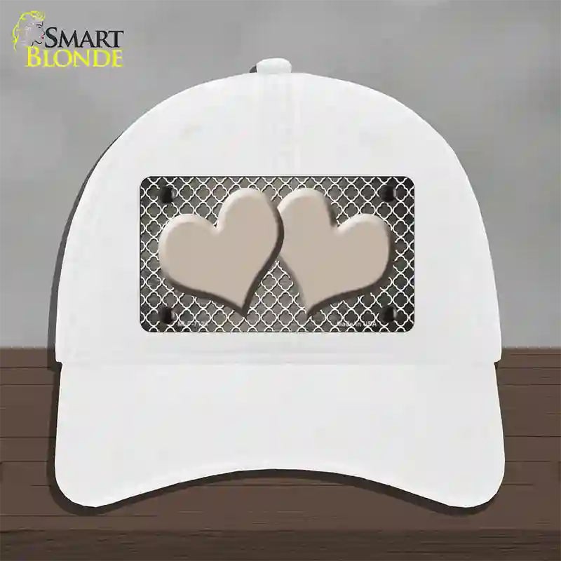 Tan White Quatrefoil Hearts Oil Rubbed Novelty License Plate Hat Unconstructed Cotton / White