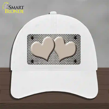 Tan White Small Chevron Hearts Oil Rubbed Novelty License Plate Hat Unconstructed Cotton / White