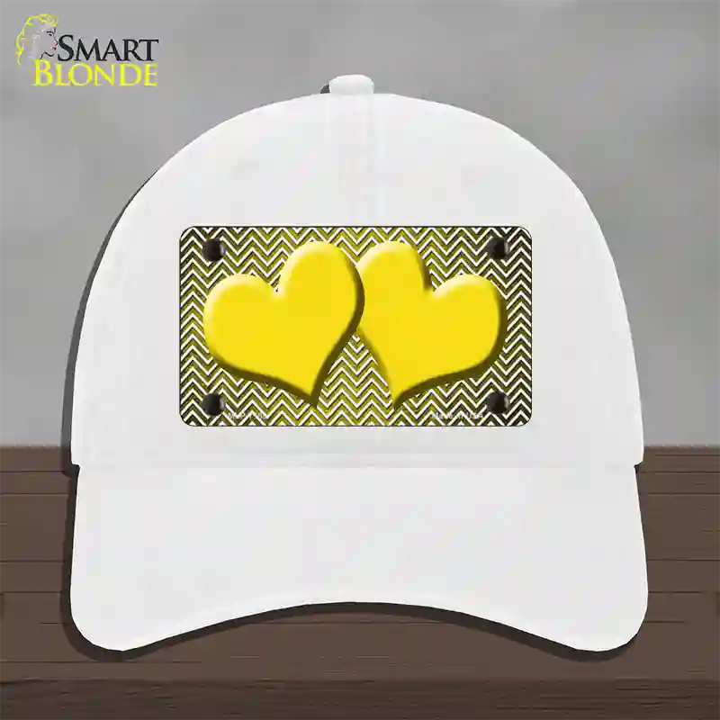 Yellow White Small Chevron Hearts Oil Rubbed Novelty License Plate Hat Unconstructed Cotton / White