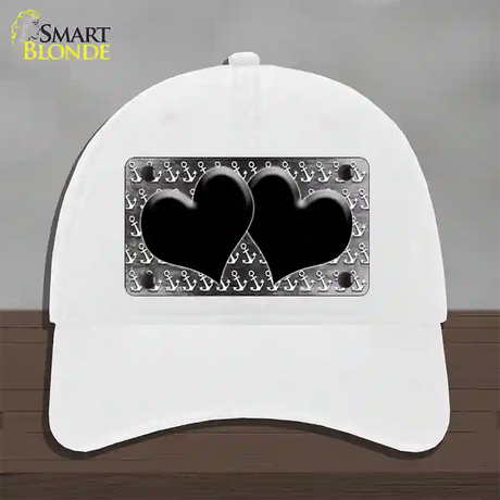 Black White Anchor Hearts Oil Rubbed Novelty License Plate Hat Unconstructed Cotton / White