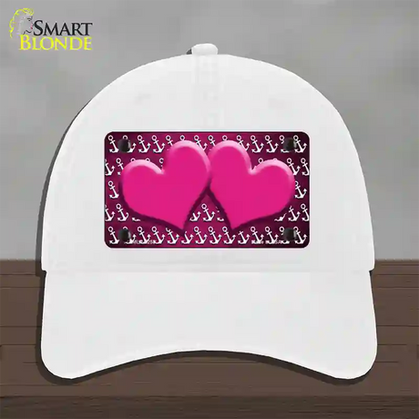 Pink White Anchor Hearts Oil Rubbed Novelty License Plate Hat Unconstructed Cotton / White