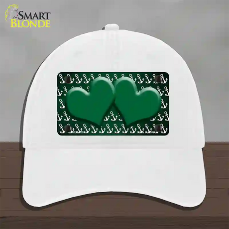 Green White Anchor Hearts Oil Rubbed Novelty License Plate Hat Unconstructed Cotton / White