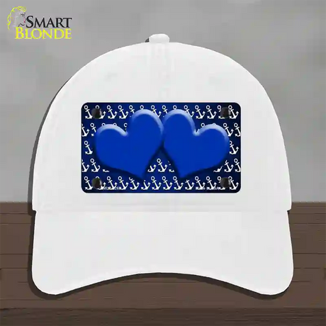 Blue White Anchor Hearts Oil Rubbed Novelty License Plate Hat Unconstructed Cotton / White