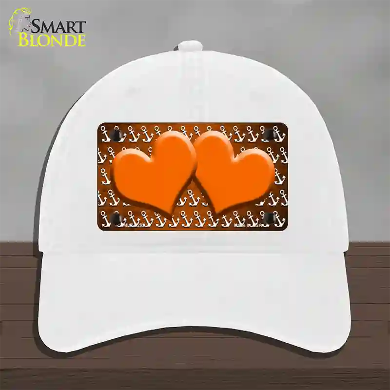 Orange White Anchor Hearts Oil Rubbed Novelty License Plate Hat Unconstructed Cotton / White