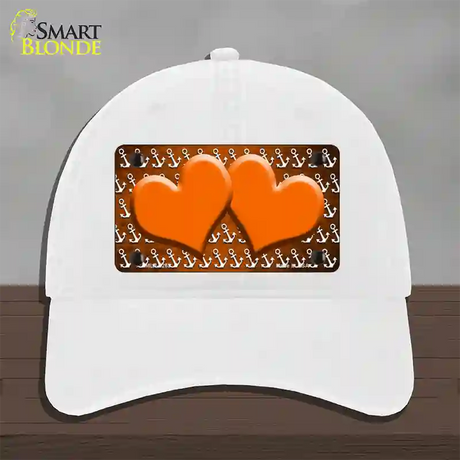 Orange White Anchor Hearts Oil Rubbed Novelty License Plate Hat Unconstructed Cotton / White