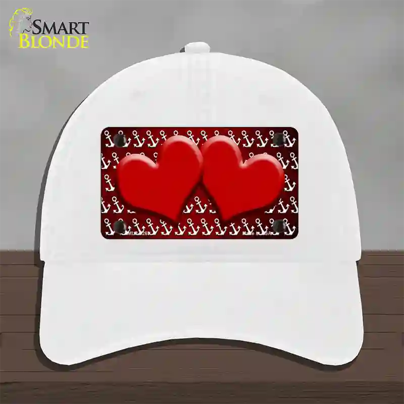 Red White Anchor Hearts Oil Rubbed Novelty License Plate Hat Unconstructed Cotton / White