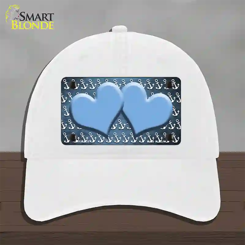 Light Blue White Anchor Hearts Oil Rubbed Novelty License Plate Hat Unconstructed Cotton / White