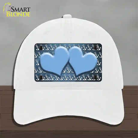 Light Blue White Anchor Hearts Oil Rubbed Novelty License Plate Hat Unconstructed Cotton / White