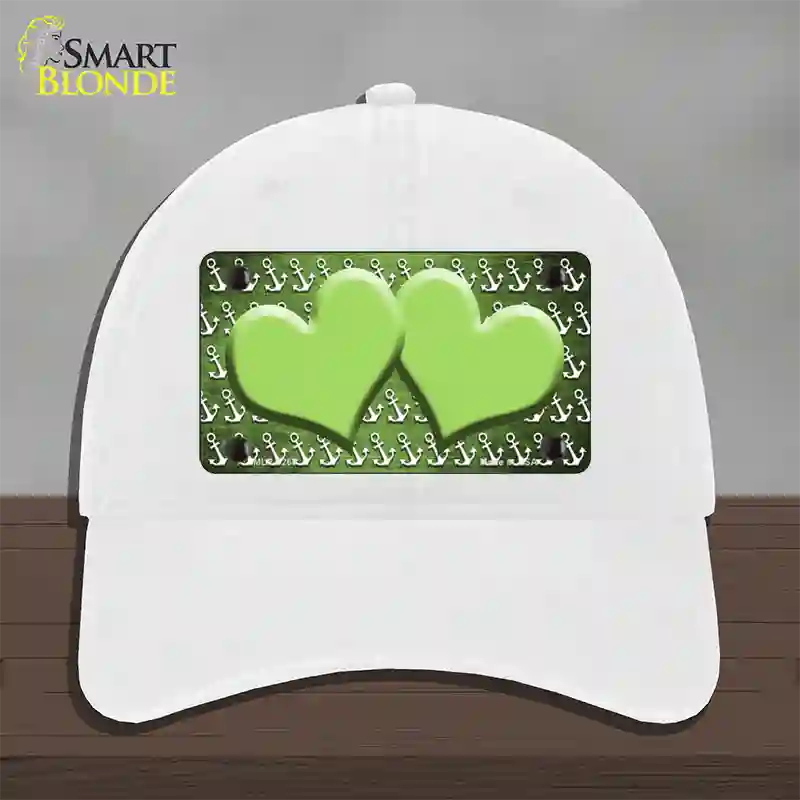 Lime Green White Anchor Hearts Oil Rubbed Novelty License Plate Hat Unconstructed Cotton / White