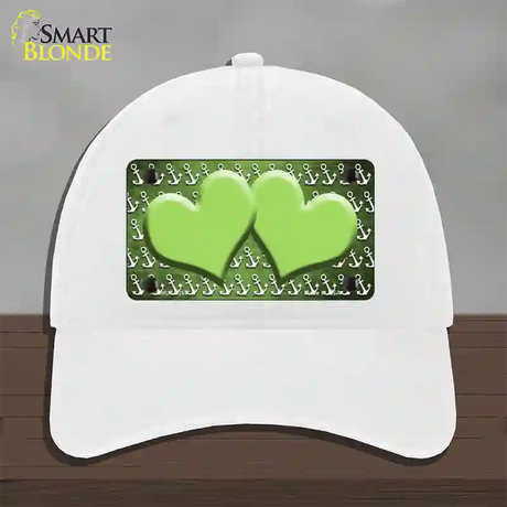 Lime Green White Anchor Hearts Oil Rubbed Novelty License Plate Hat Unconstructed Cotton / White