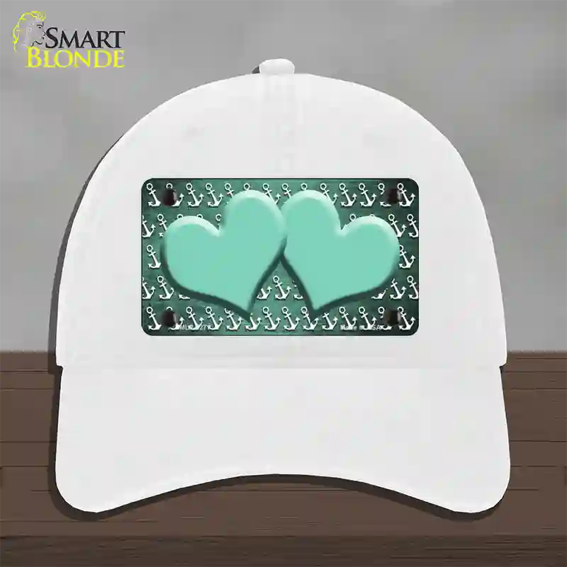 Mint White Anchor Hearts Oil Rubbed Novelty License Plate Hat Unconstructed Cotton / White