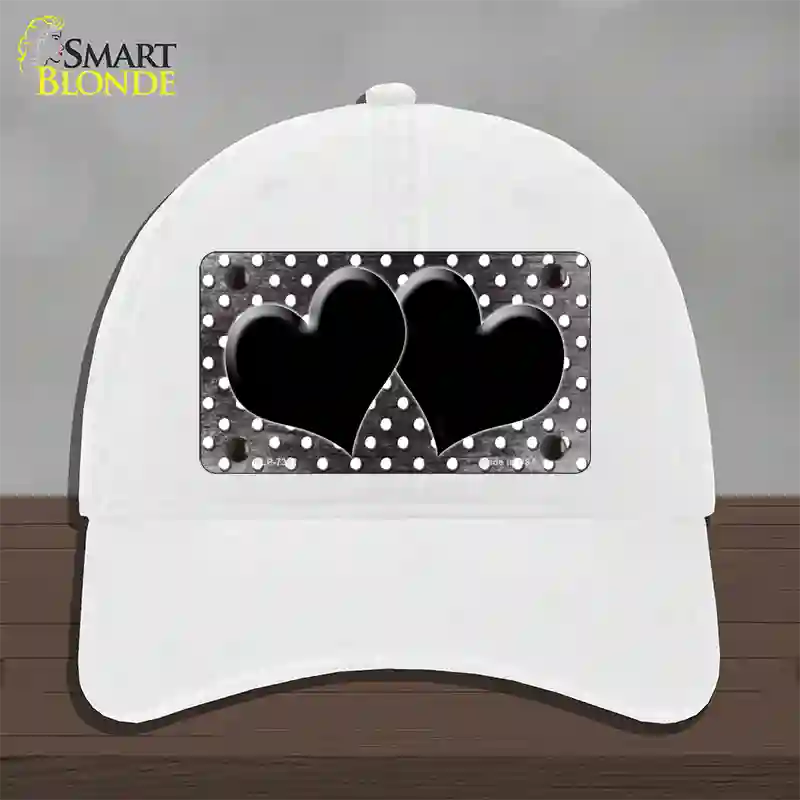 Black White Small Dots Hearts Oil Rubbed Novelty License Plate Hat Unconstructed Cotton / White