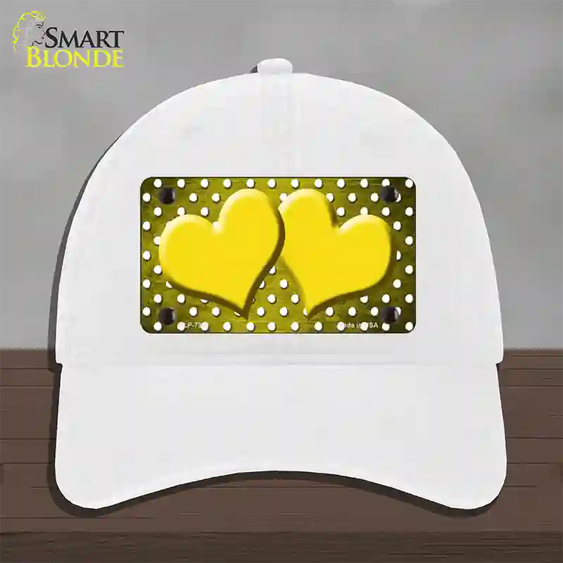 Yellow White Small Dots Hearts Oil Rubbed Novelty License Plate Hat Unconstructed Cotton / White