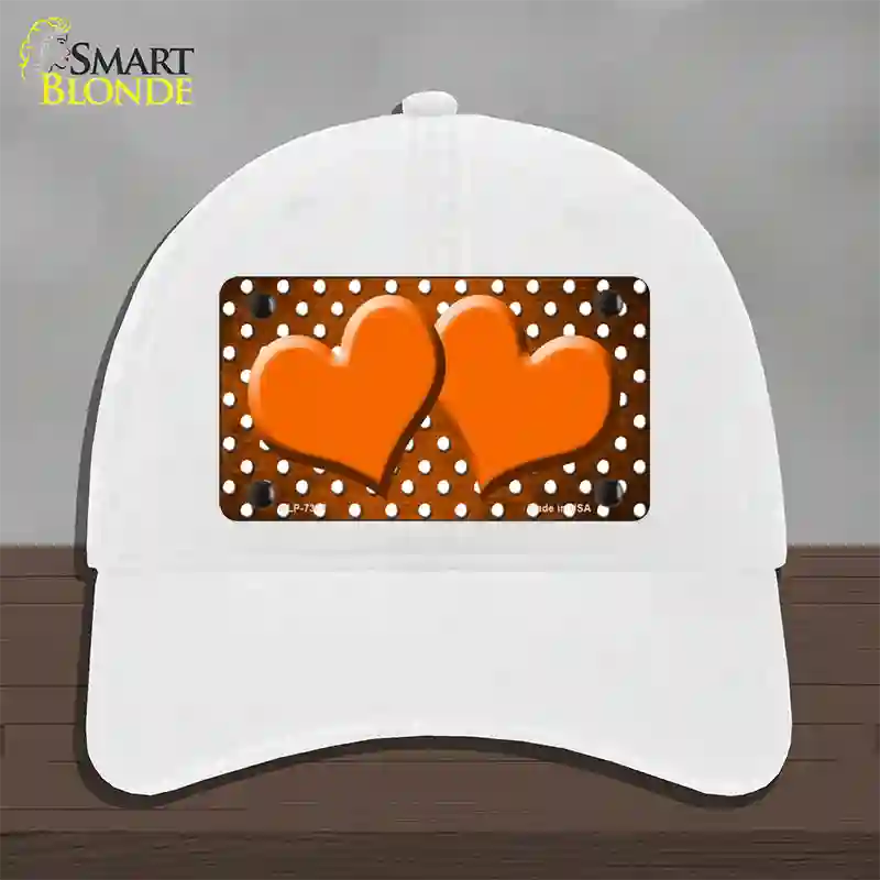 Orange White Small Dots Hearts Oil Rubbed Novelty License Plate Hat Unconstructed Cotton / White