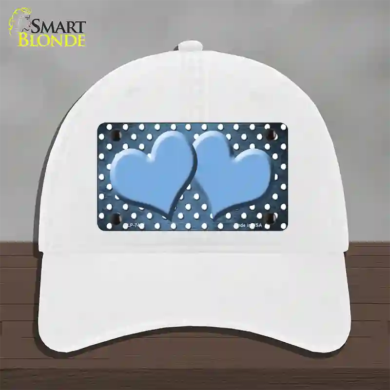 Light Blue White Small Dots Hearts Oil Rubbed Novelty License Plate Hat Unconstructed Cotton / White