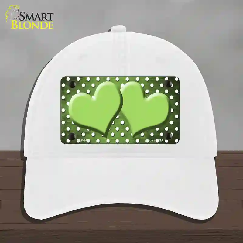 Lime Green White Small Dots Hearts Oil Rubbed Novelty License Plate Hat Unconstructed Cotton / White