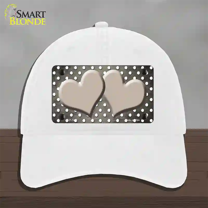 Tan White Small Dots Hearts Oil Rubbed Novelty License Plate Hat Unconstructed Cotton / White