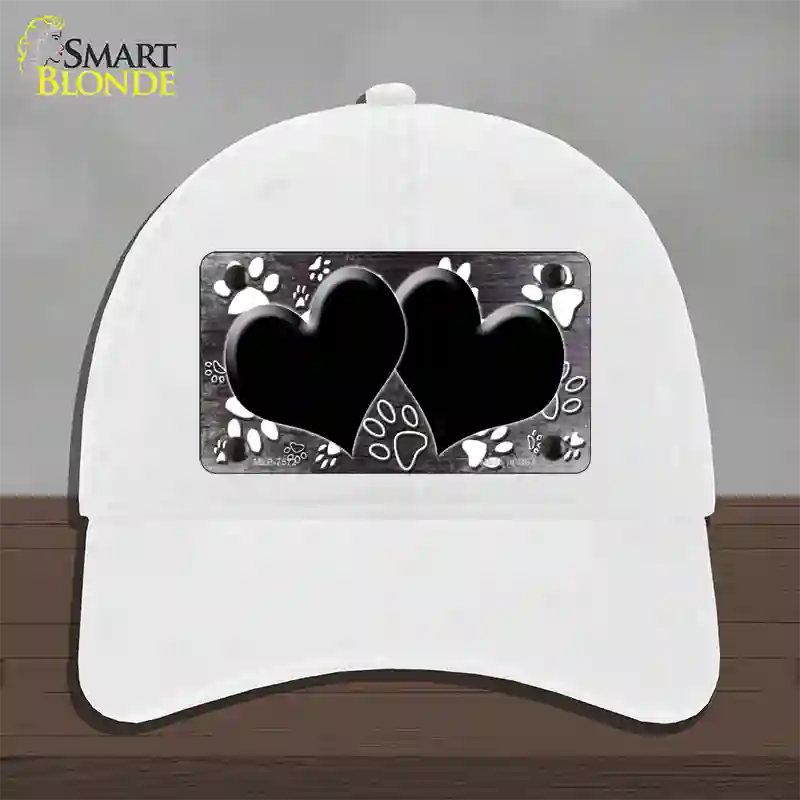 Paw Heart Black White Novelty License Plate Hat Unconstructed Cotton / White