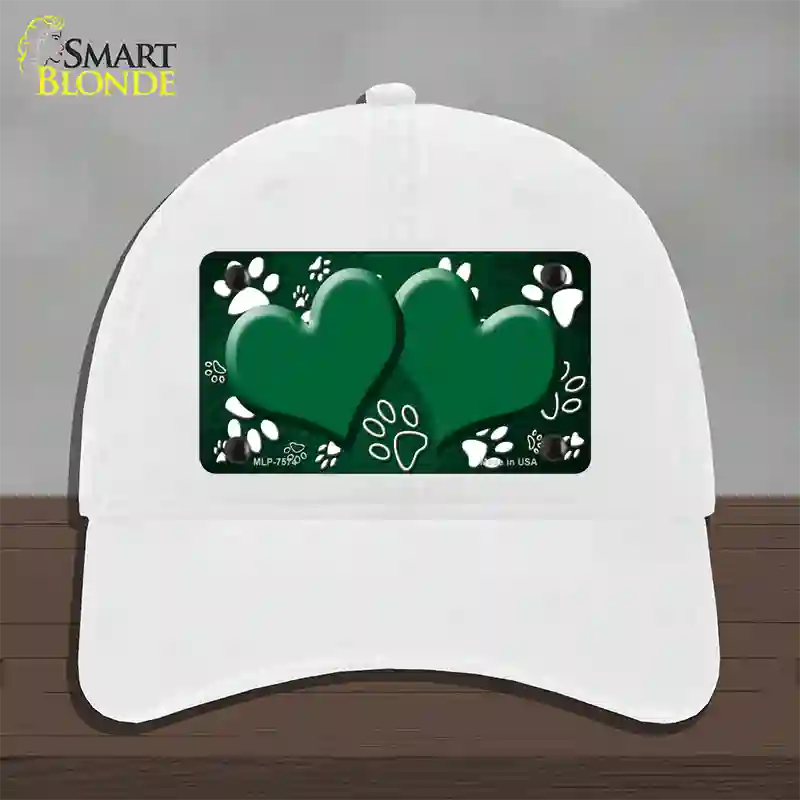 Paw Heart Green White Novelty License Plate Hat Unconstructed Cotton / White