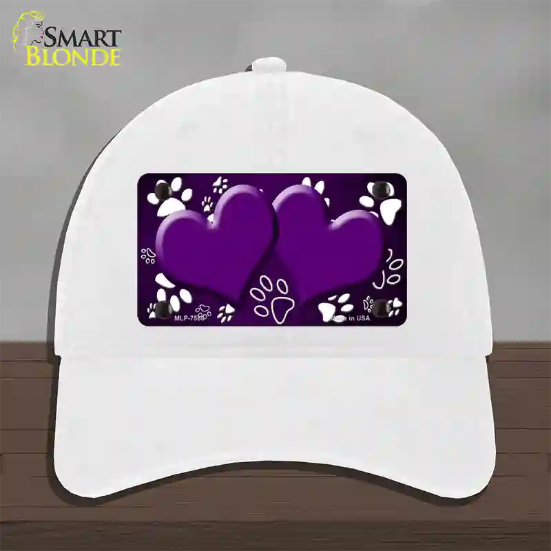 Paw Heart Purple White Novelty License Plate Hat Unconstructed Cotton / White