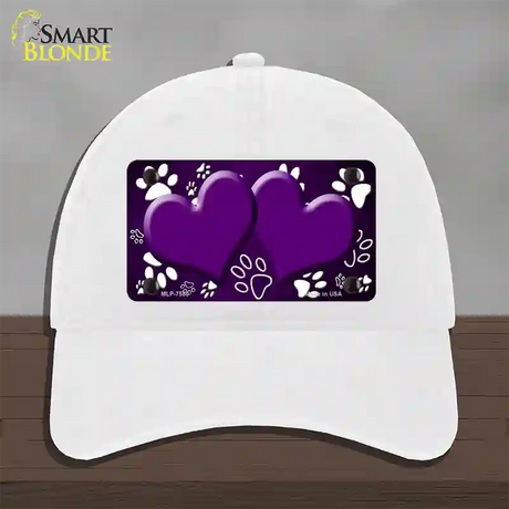 Paw Heart Purple White Novelty License Plate Hat Unconstructed Cotton / White