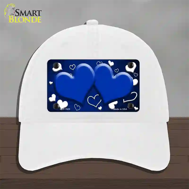 Blue White Love Hearts Oil Rubbed Novelty License Plate Hat Unconstructed Cotton / White