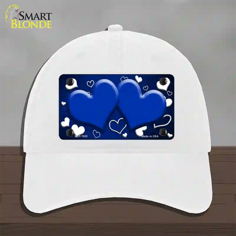 Blue White Love Hearts Oil Rubbed Novelty License Plate Hat Unconstructed Cotton / White