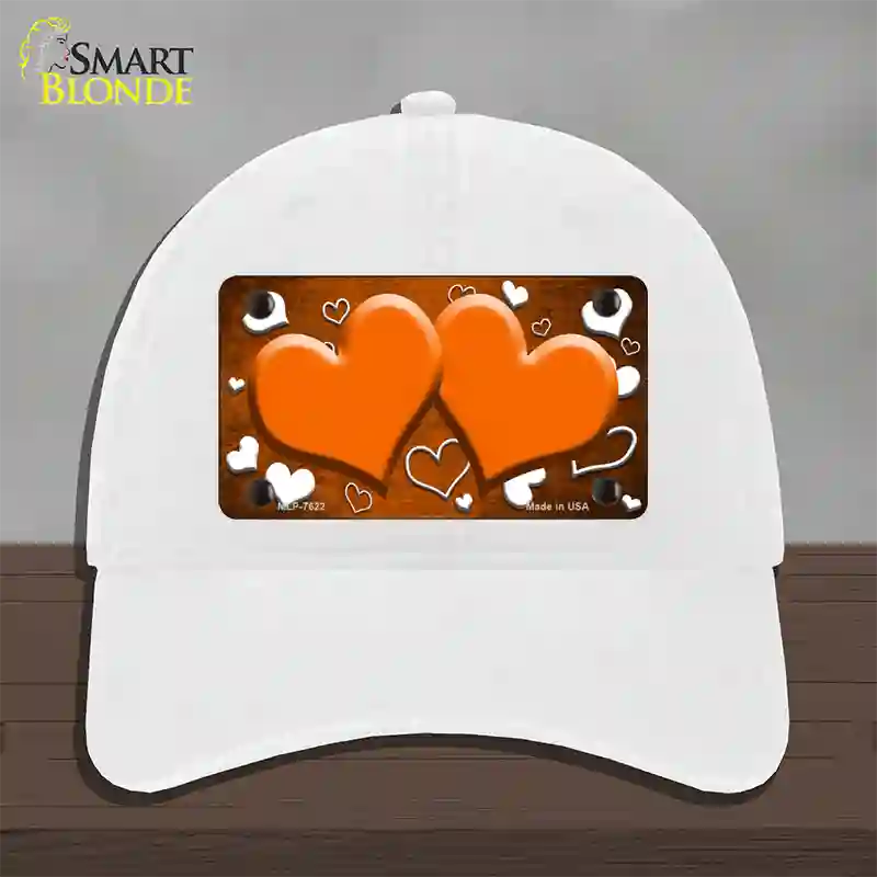 Orange White Love Hearts Oil Rubbed Novelty License Plate Hat Unconstructed Cotton / White