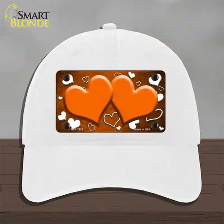 Orange White Love Hearts Oil Rubbed Novelty License Plate Hat Unconstructed Cotton / White