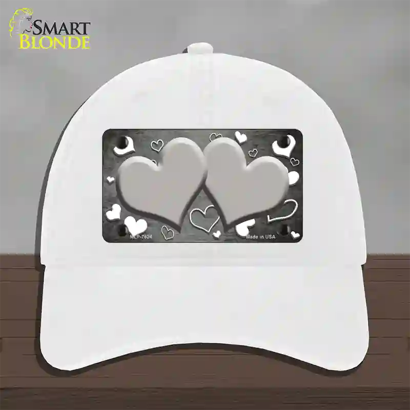 Gray White Love Hearts Oil Rubbed Novelty License Plate Hat Unconstructed Cotton / White